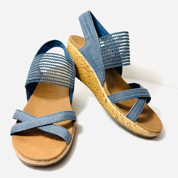 Skechers Women's 7.5 Beverlee High Tea Wedge Sandal blue run large VGUC - Picture 1 of 9